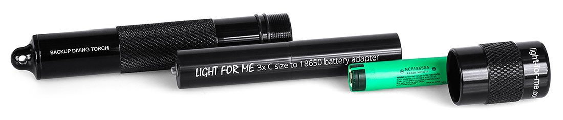Light For Me standard backup torch with 3xC-size to 1 x 18650 Li-Ion battery adapter